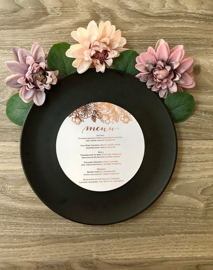 Gold,  or Silver Foil Round Flower Menu - Glitzy Prints