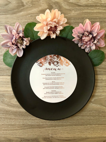 Gold,  or Silver Foil Round Flower Menu - Glitzy Prints