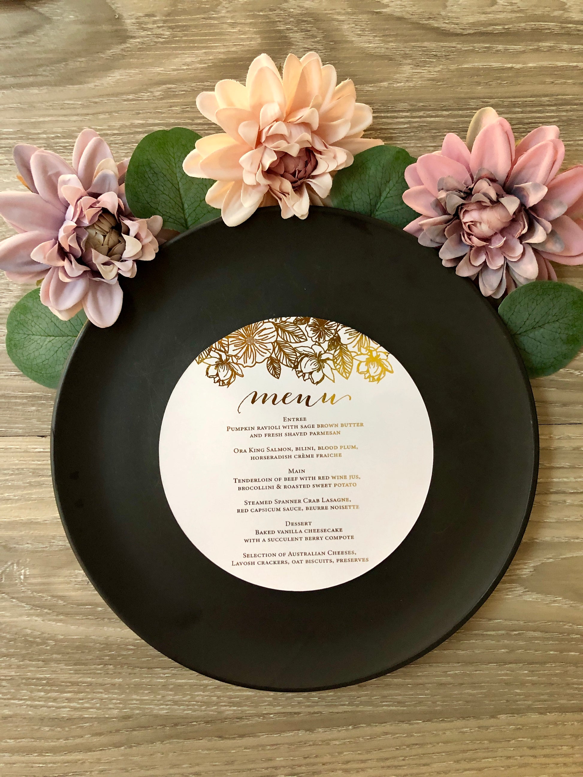 Gold,  or Silver Foil Round Flower Menu - Glitzy Prints
