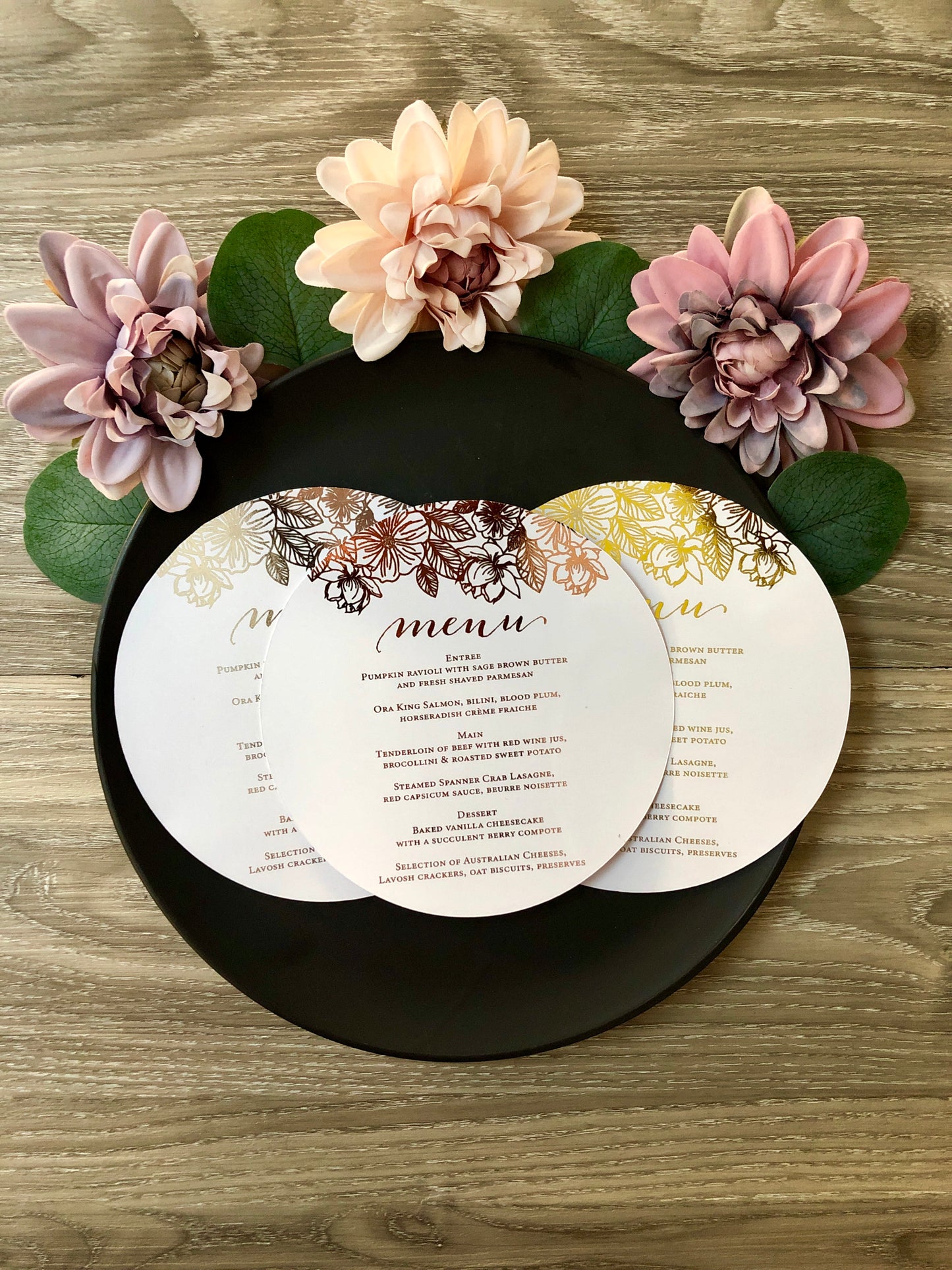 Gold,  or Silver Foil Round Flower Menu - Glitzy Prints