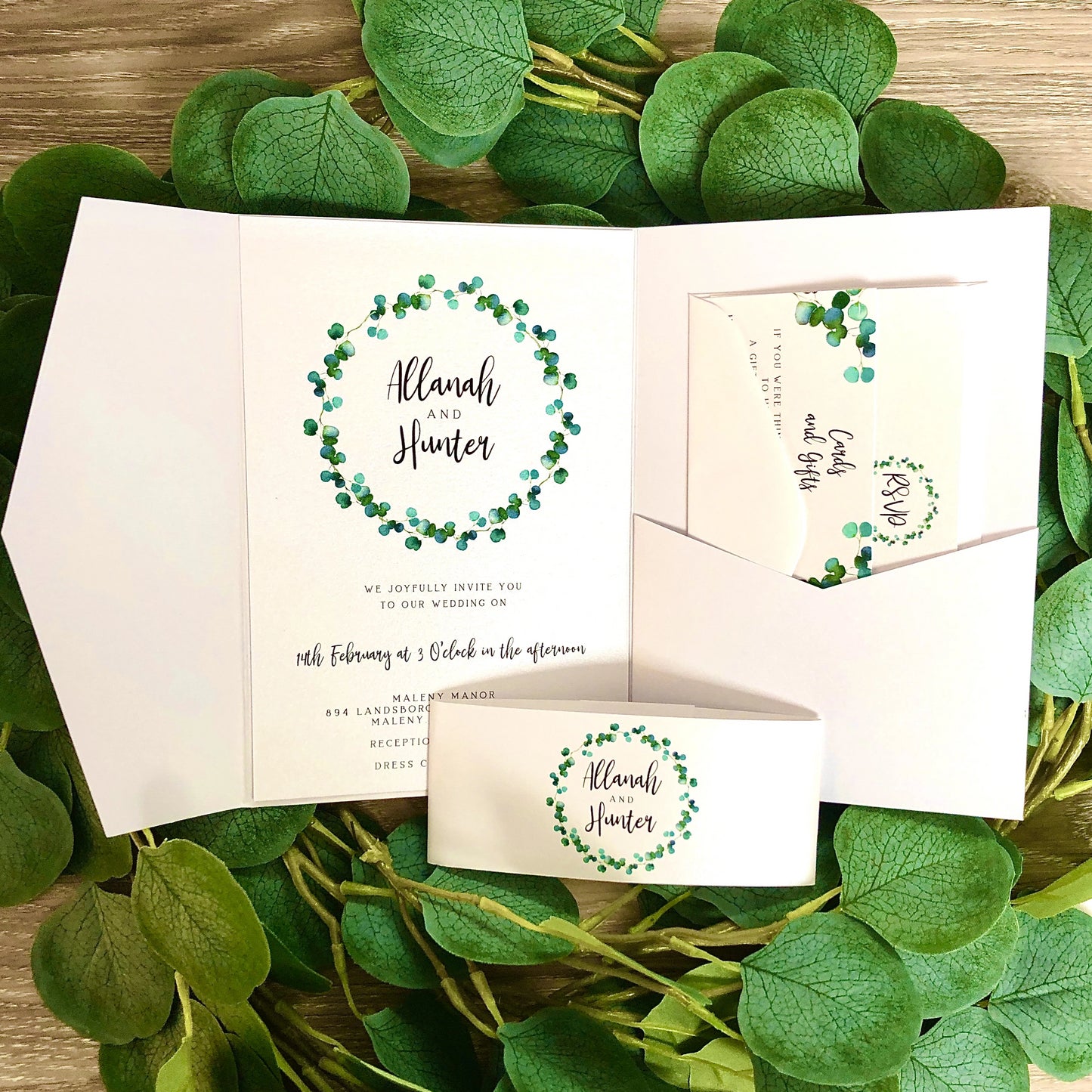 Allanah Eucalyptus Leaf Pocket Invitation - Glitzy Prints