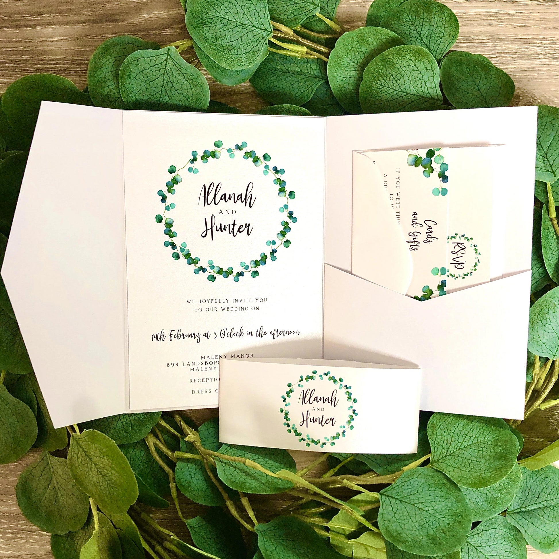 Allanah Eucalyptus Leaf Pocket Invitation - Glitzy Prints