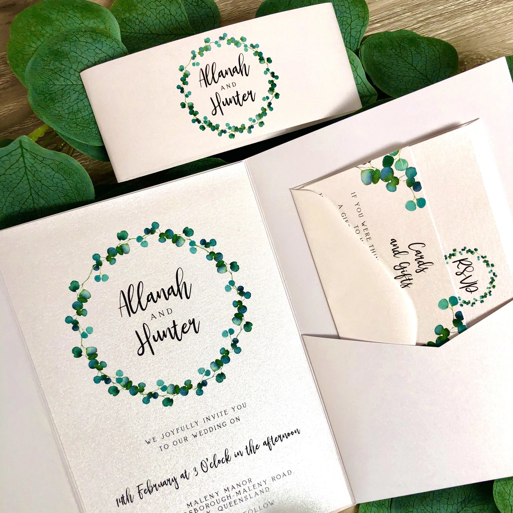 Allanah Eucalyptus Leaf Pocket Invitation - Glitzy Prints