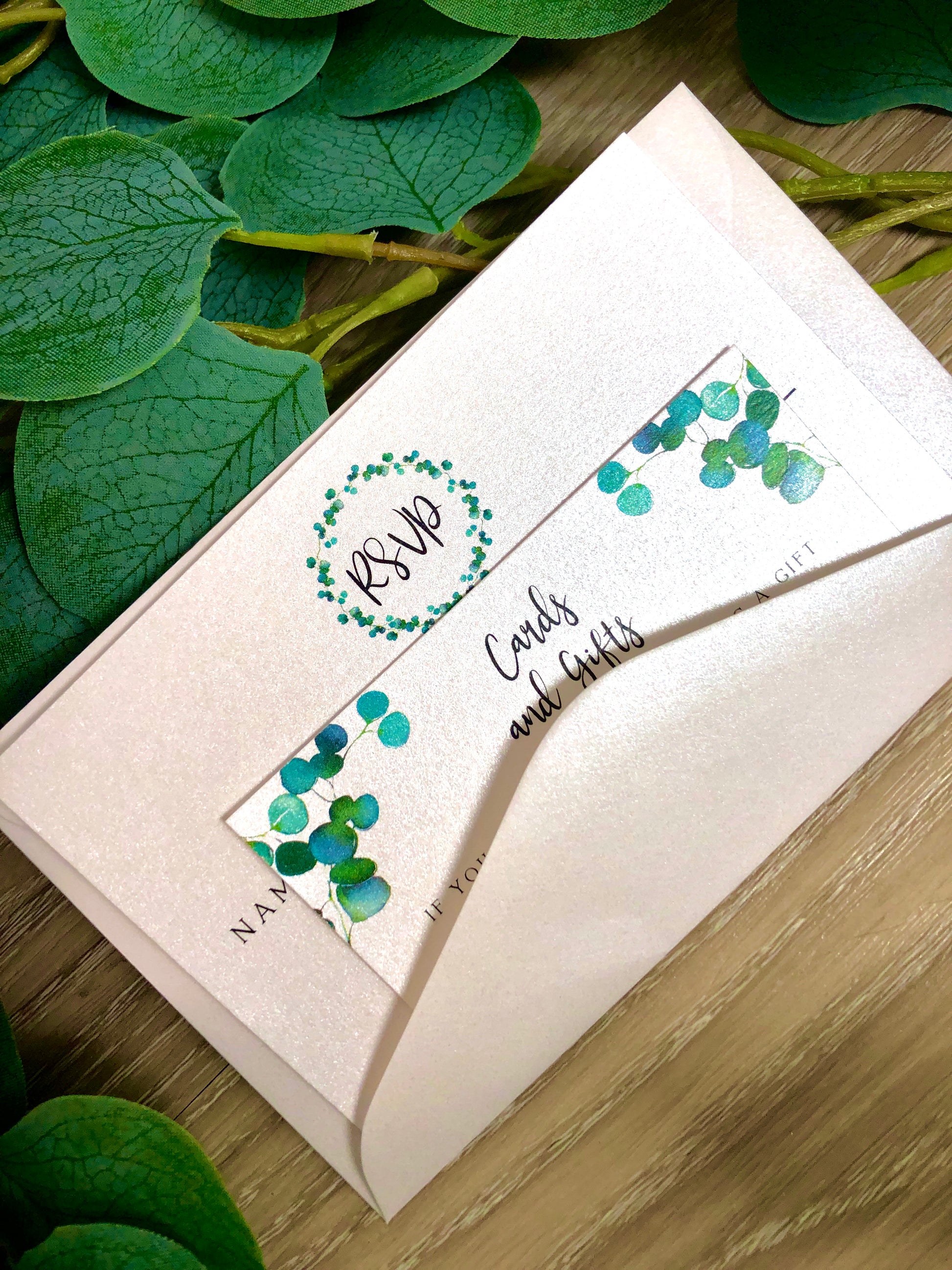 Allanah Eucalyptus Leaf Pocket Invitation - Glitzy Prints