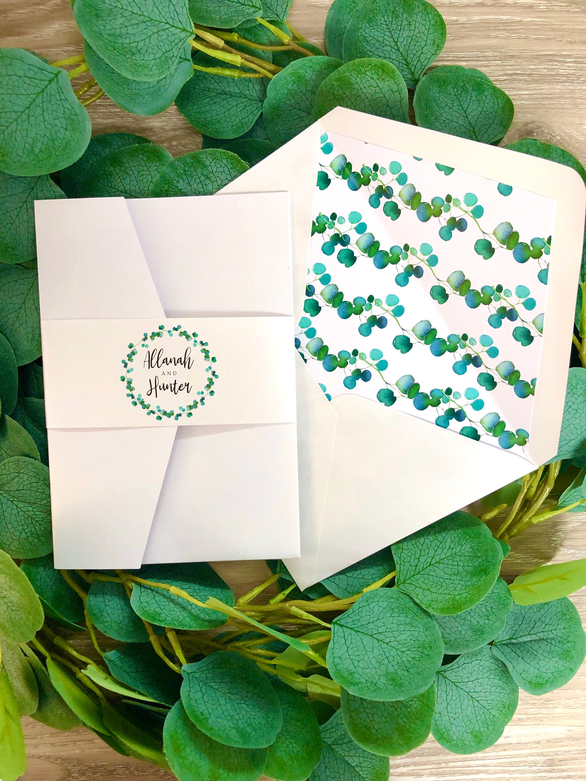 Allanah Eucalyptus Leaf Pocket Invitation - Glitzy Prints