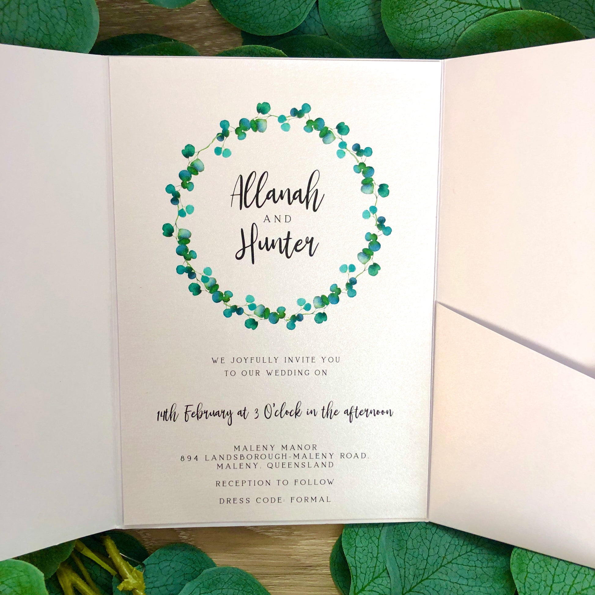 Allanah Eucalyptus Leaf Pocket Invitation - Glitzy Prints