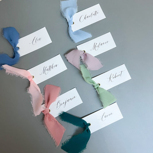 Wedding Place Cards with Silk Chiffon Frayed Ribbon - Glitzy Prints