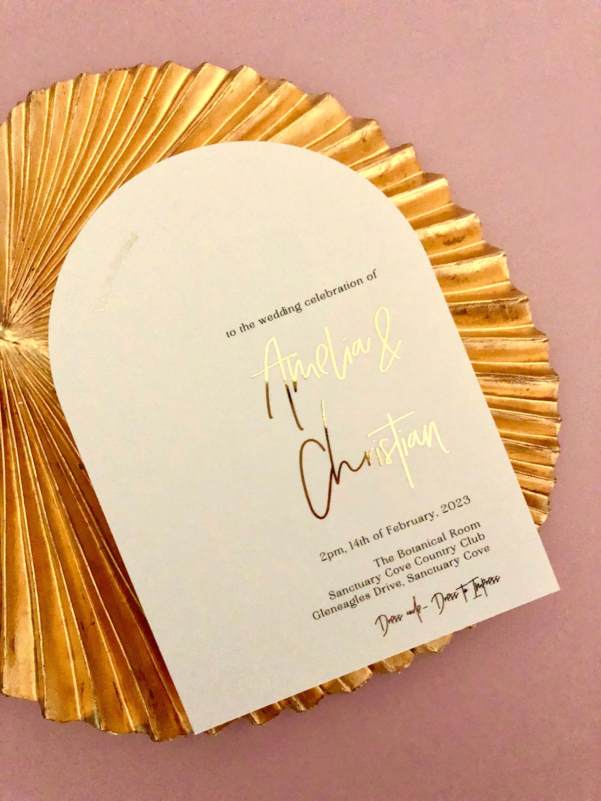 Arch die cut wedding invitation with gold foil 1