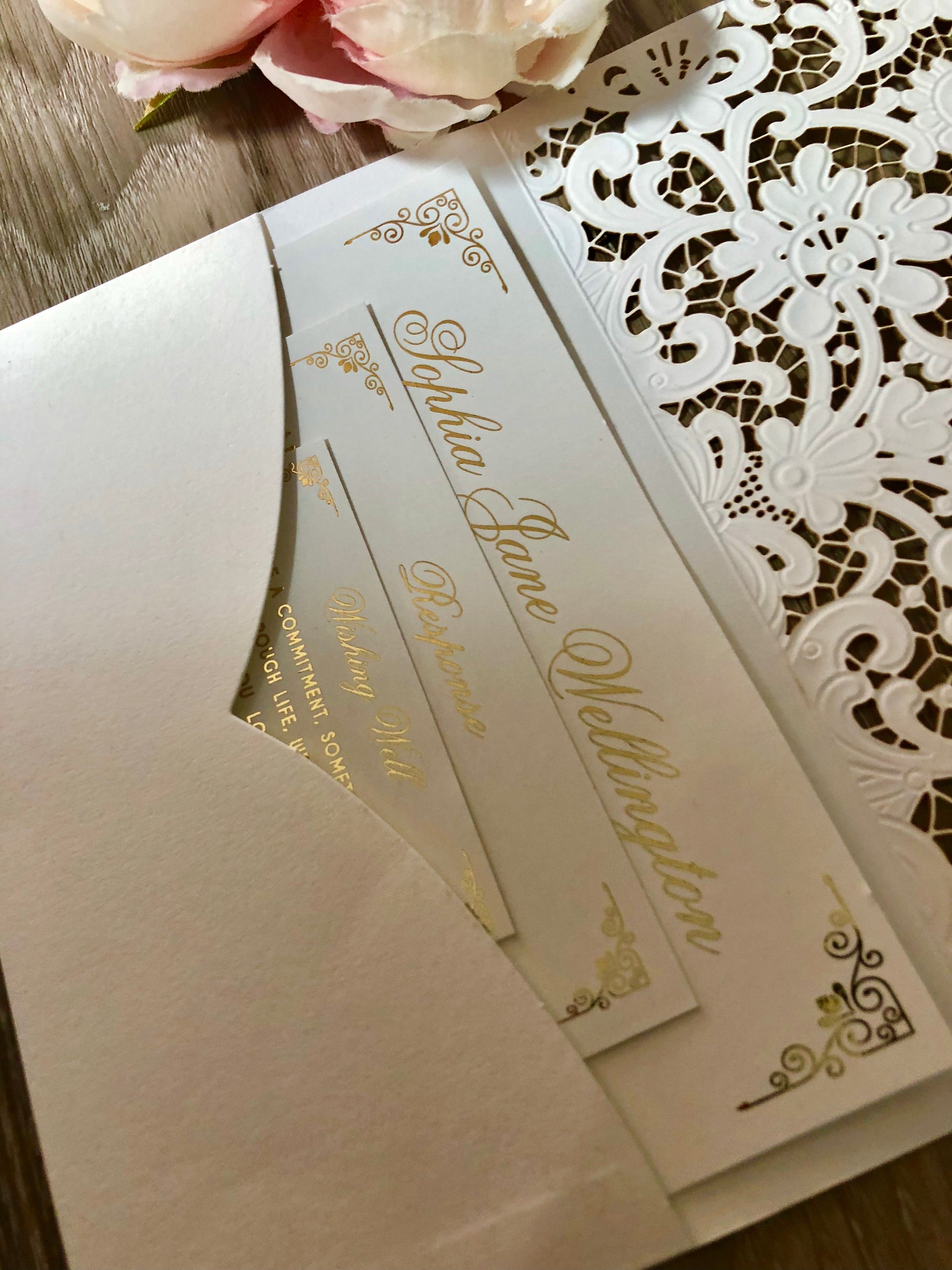 Gold Foil Lace Pocket Laser Cut Wedding Invitation - Glitzy Prints