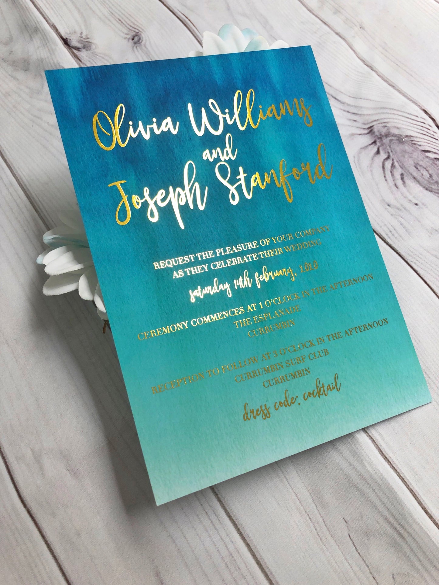 Ombre Blue Turquoise Gold Foil Wedding Invitation - Glitzy Prints