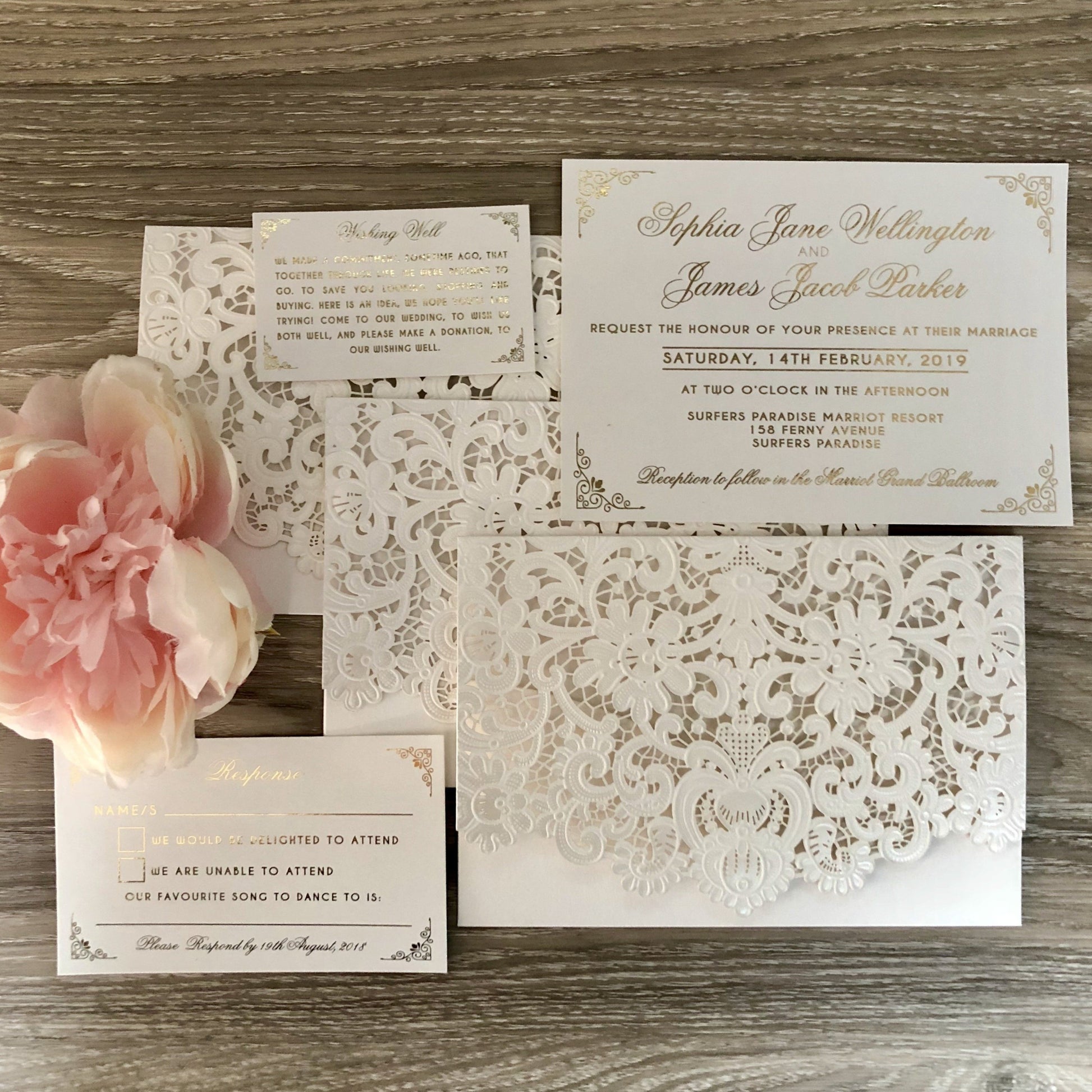 Gold Foil Lace Pocket Laser Cut Wedding Invitation - Glitzy Prints