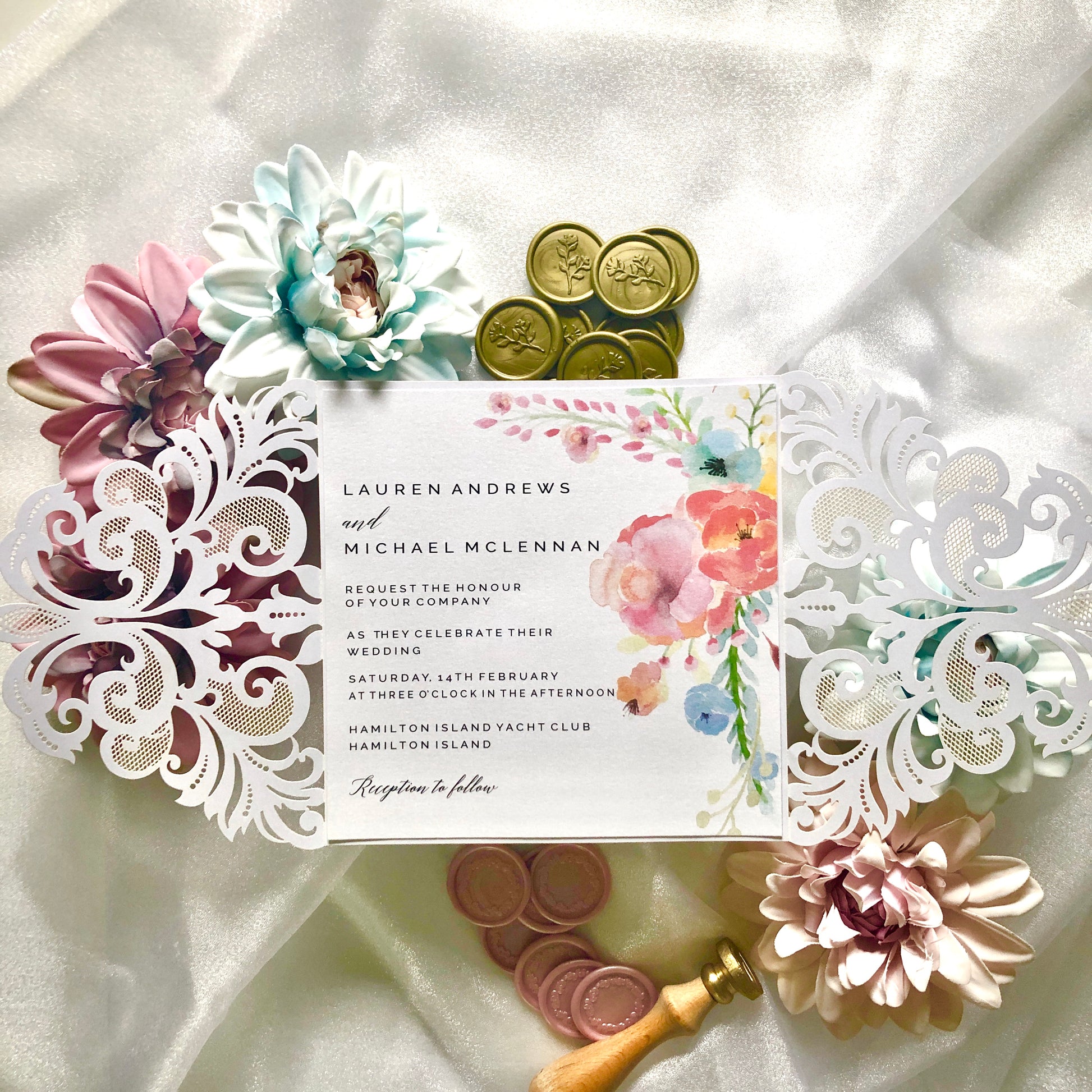 Lauren Laser Cut Rustic Watercolour Flower Wedding Invitation - Glitzy Prints