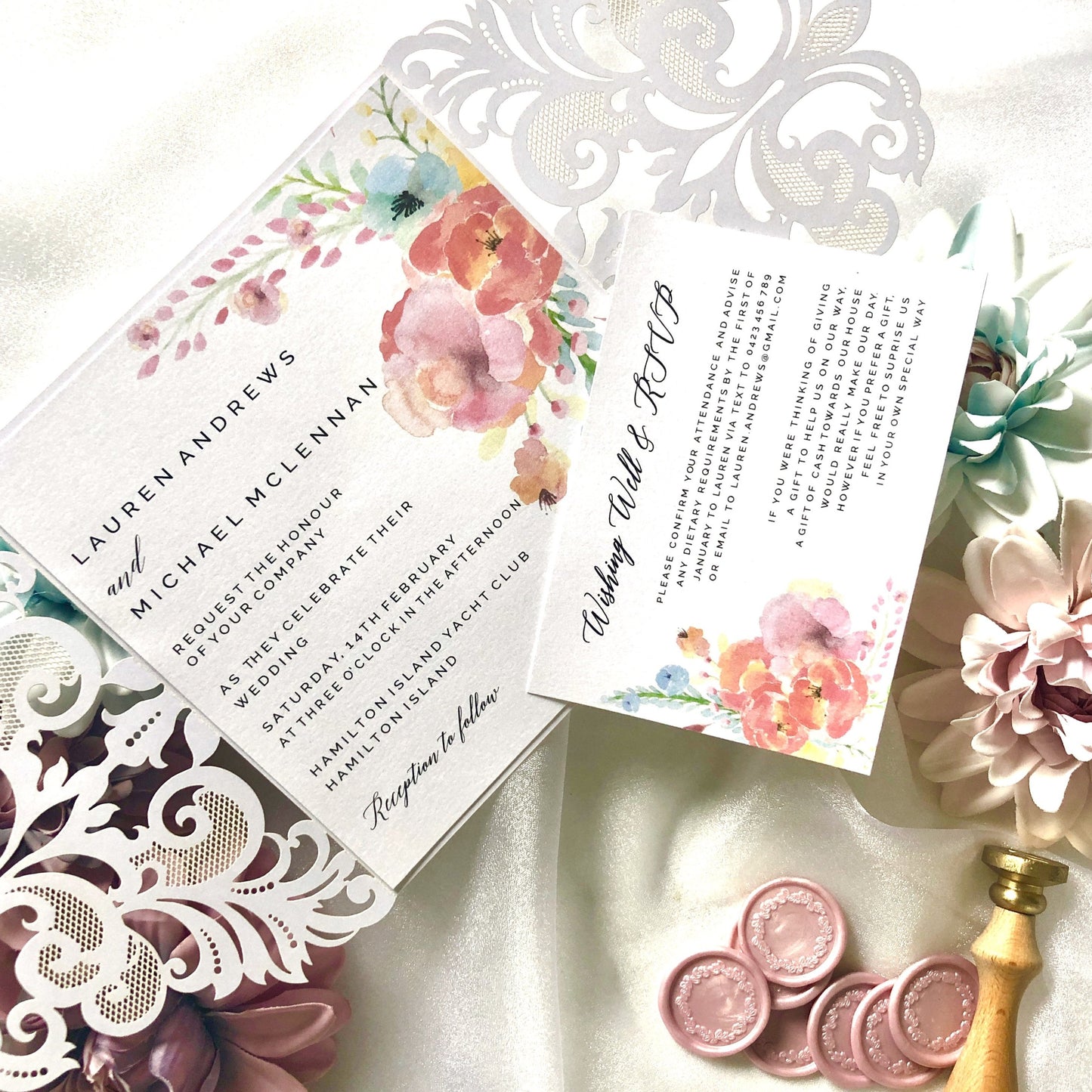 Lauren Laser Cut Rustic Watercolour Flower Wedding Invitation - Glitzy Prints