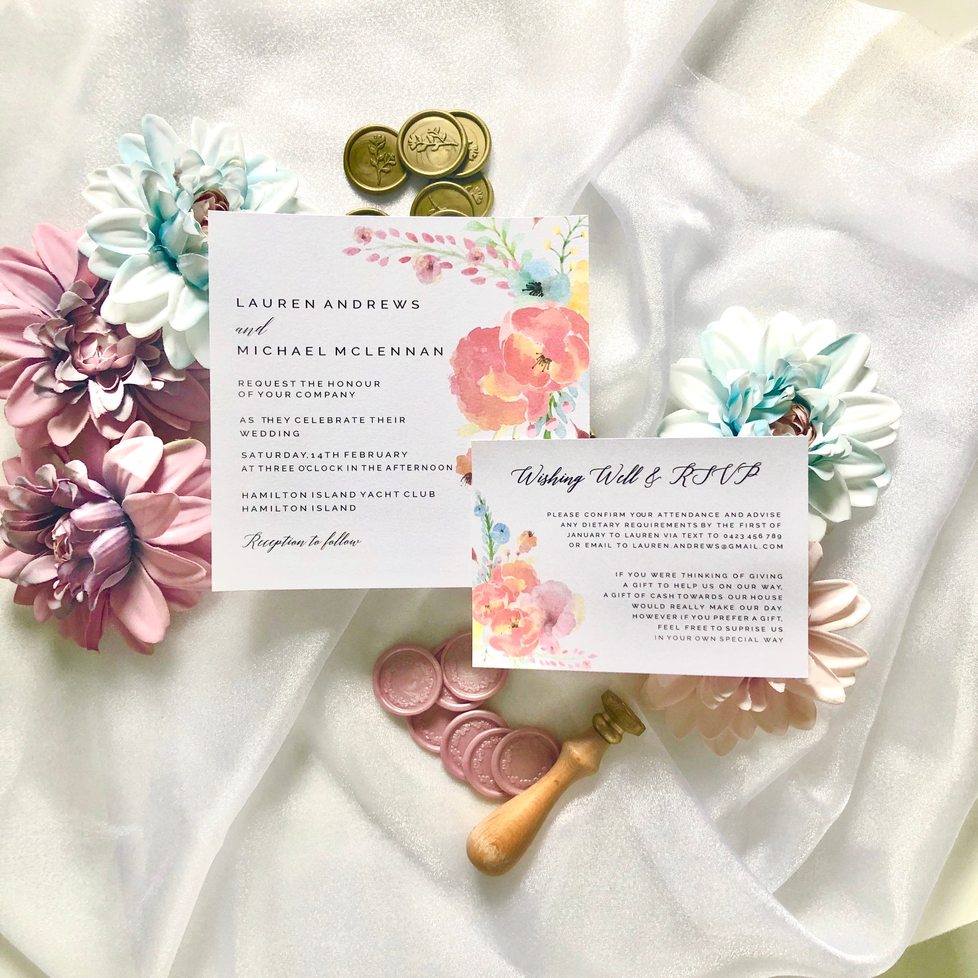Lauren Rustic Watercolour Flower Wedding Invitation - Glitzy Prints