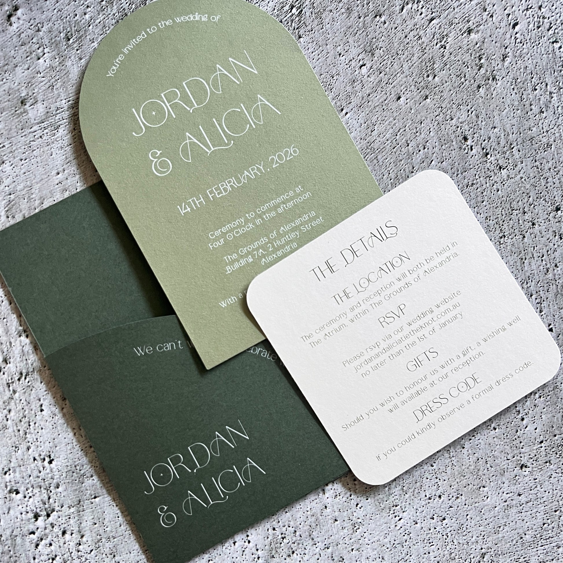 Sage Sage Green Arch Wedding Invitation Pocket 1