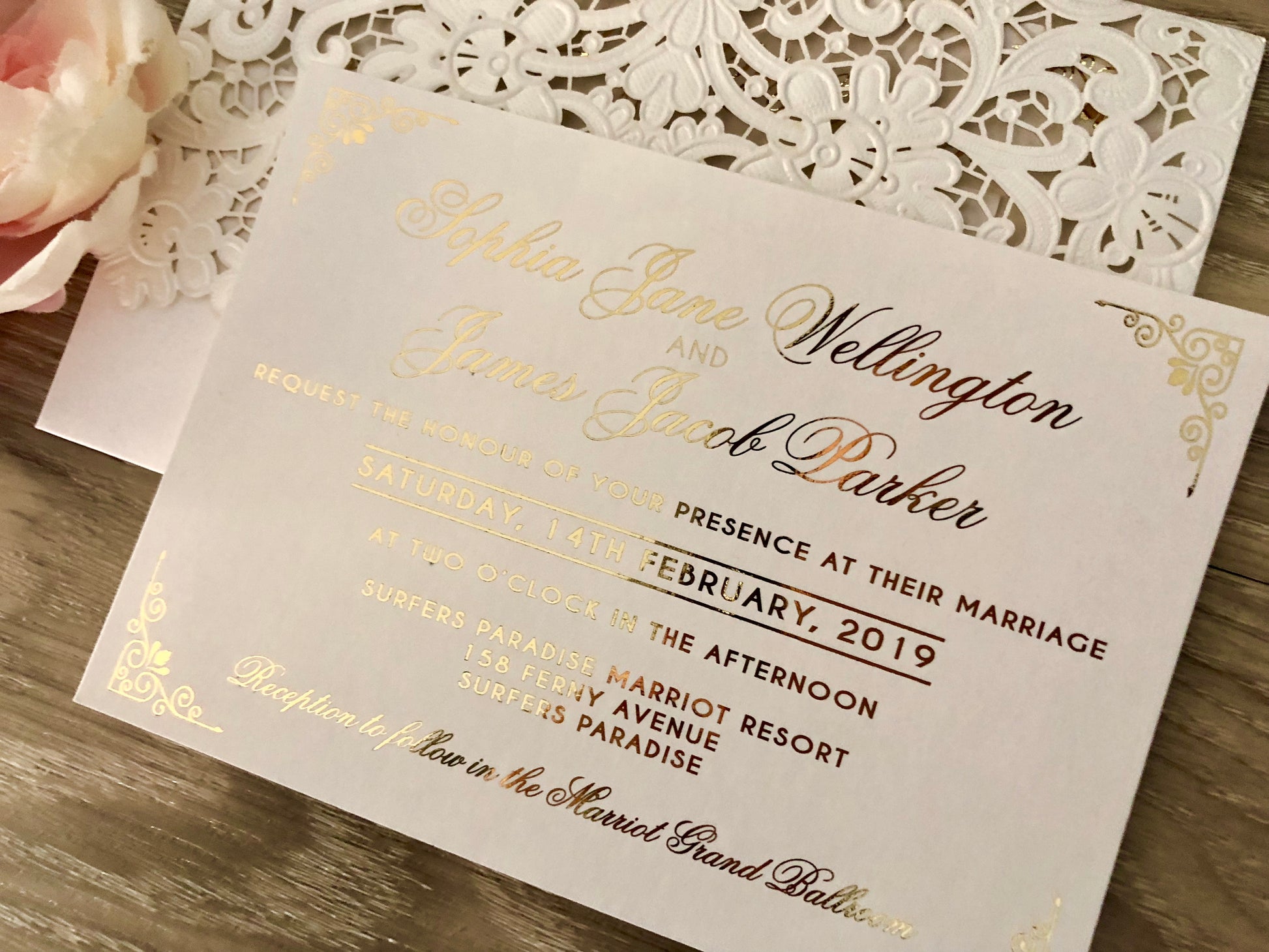 Gold Foil Lace Pocket Laser Cut Wedding Invitation - Glitzy Prints