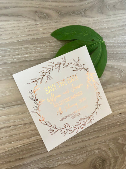 Leaf Wreath Rustic Gold Foil Save the Date Invitation - Glitzy Prints