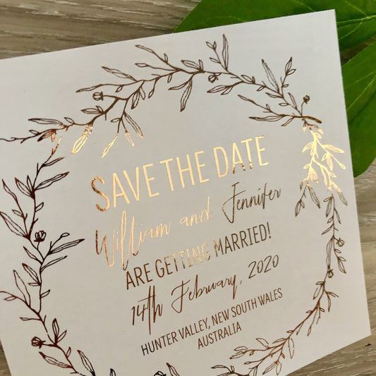 Leaf Wreath Rustic Gold Foil Save the Date Invitation - Glitzy Prints