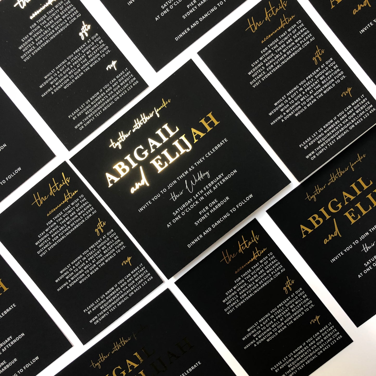 "Abigail" Black, White and Gold Foil Wedding Invitation Suite - Glitzy Prints