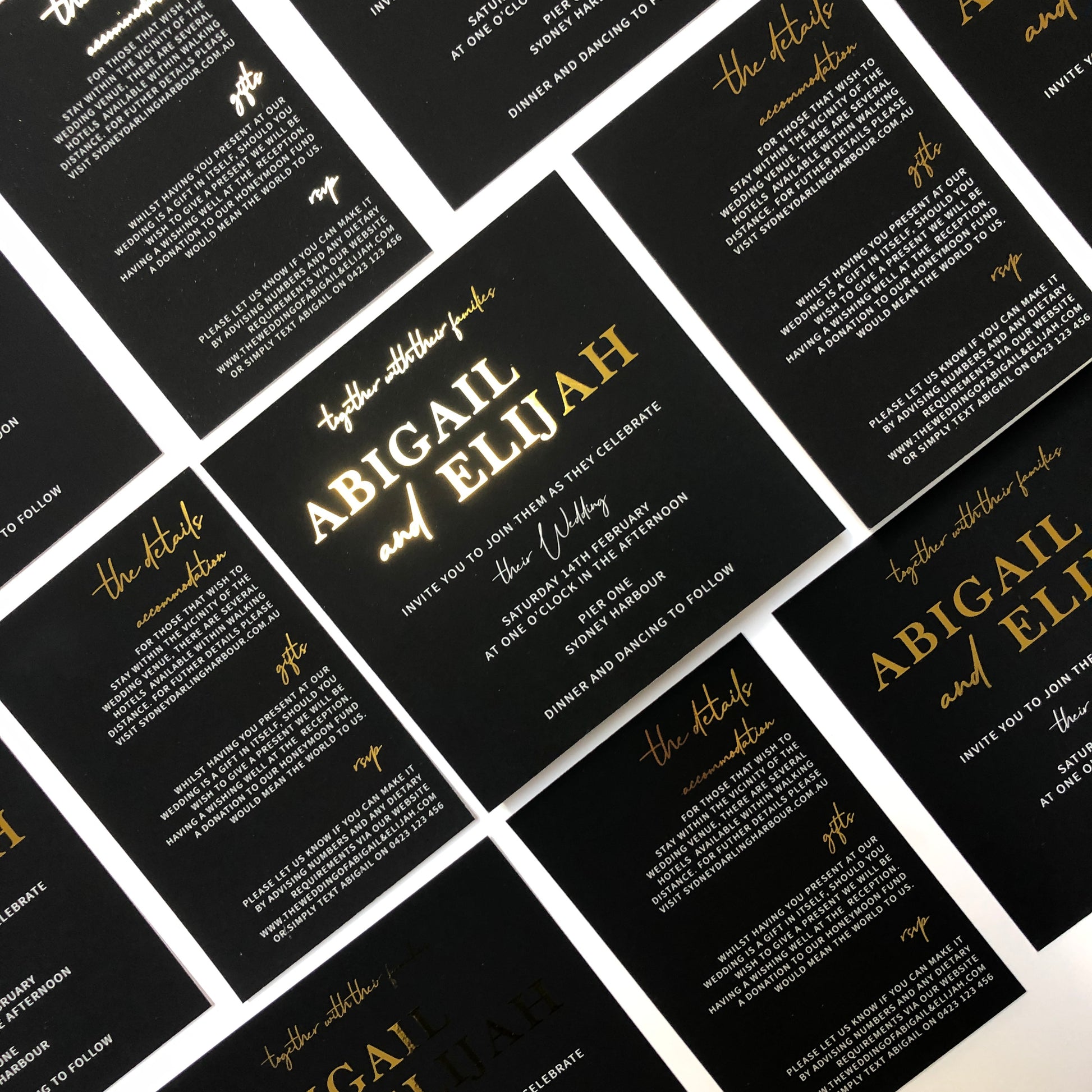 "Abigail" Black, White and Gold Foil Wedding Invitation Suite - Glitzy Prints