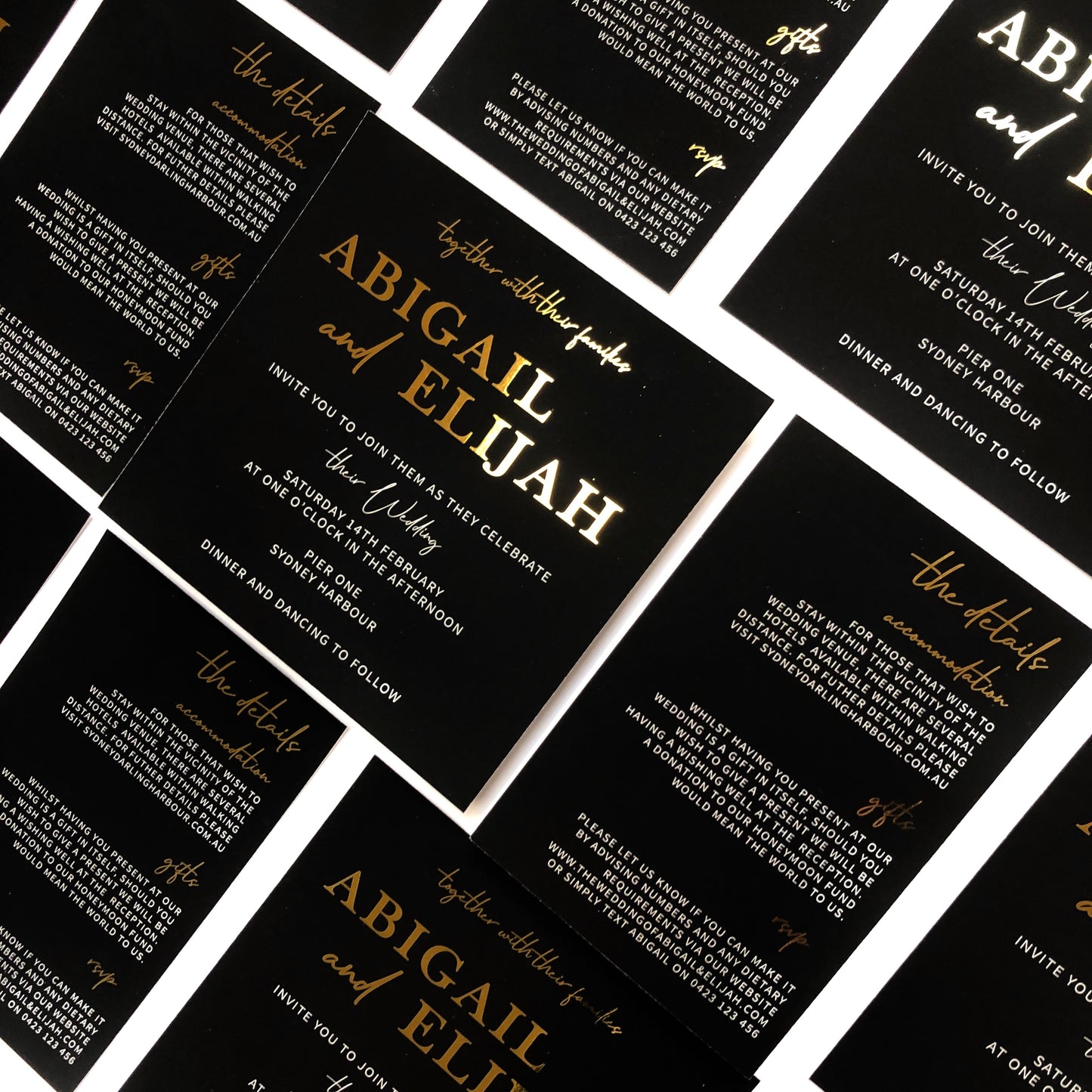 "Abigail" Black, White and Gold Foil Wedding Invitation Suite - Glitzy Prints