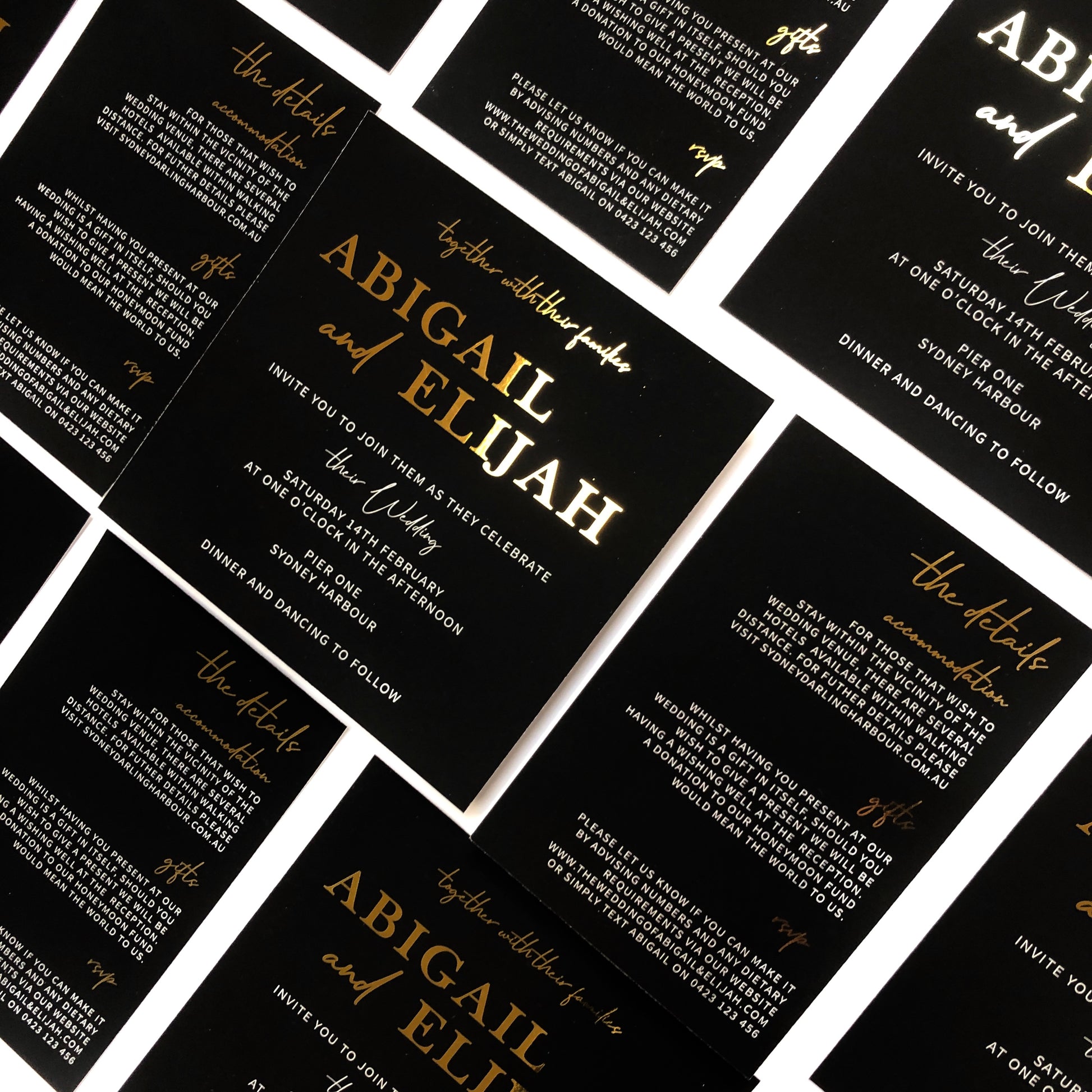 "Abigail" Black, White and Gold Foil Wedding Invitation Suite - Glitzy Prints