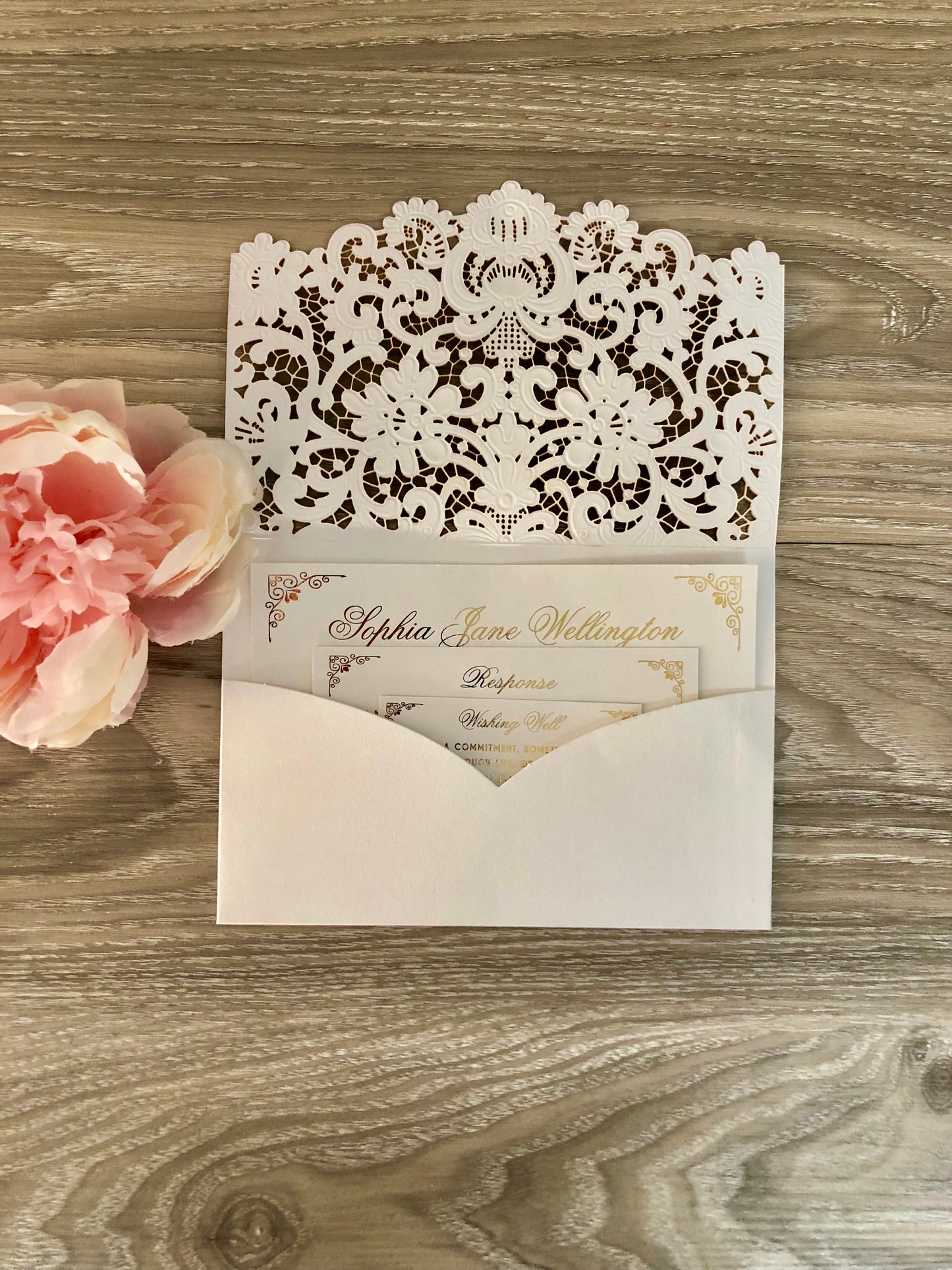 Gold Foil Lace Pocket Laser Cut Wedding Invitation - Glitzy Prints