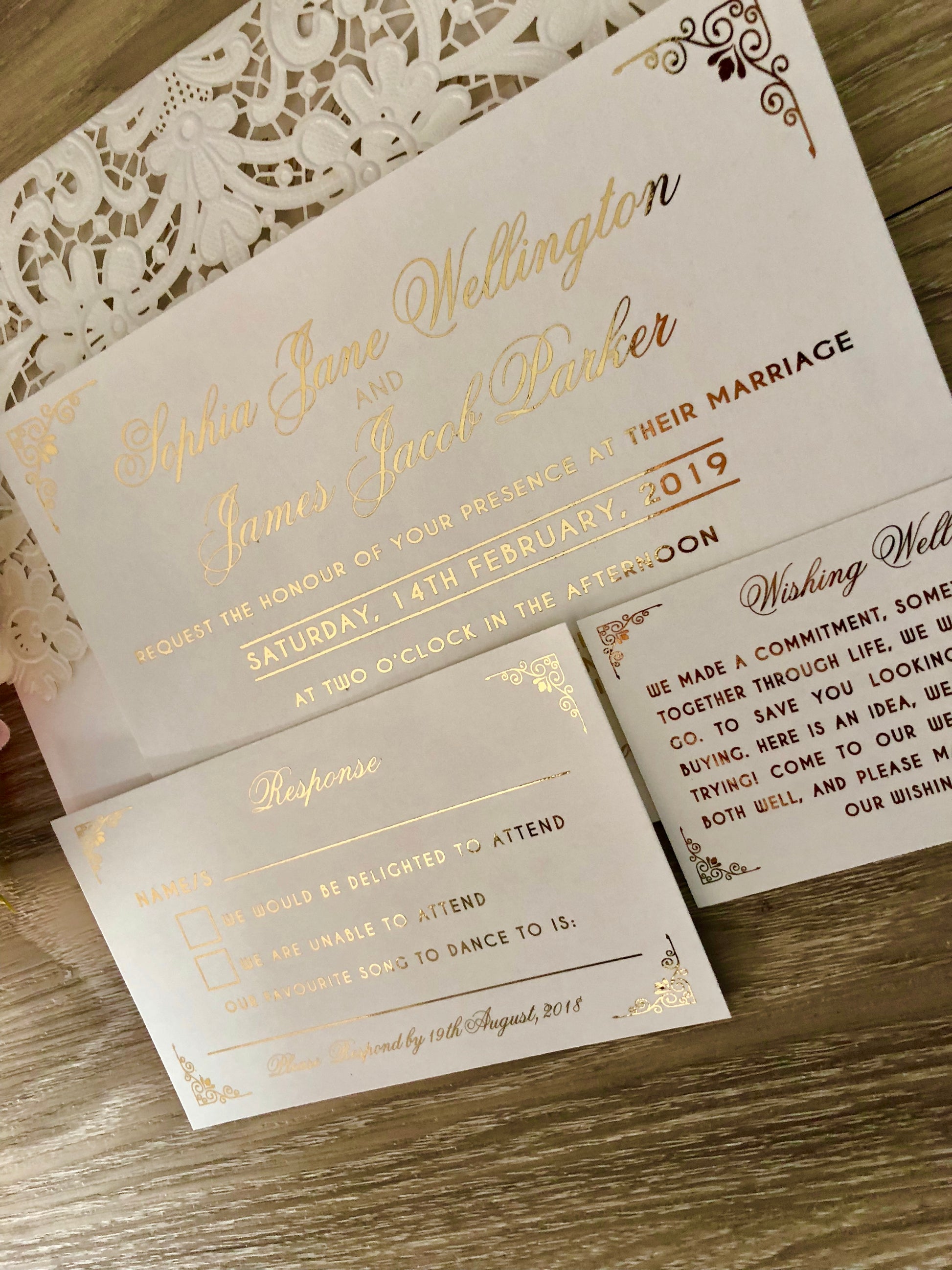 Gold Foil Lace Pocket Laser Cut Wedding Invitation - Glitzy Prints