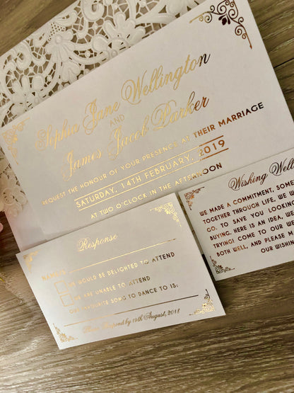 Gold Foil Lace Pocket Laser Cut Wedding Invitation - Glitzy Prints