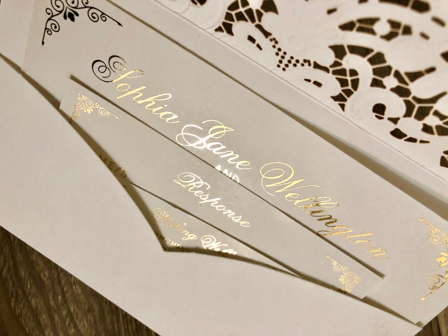Gold Foil Lace Pocket Laser Cut Wedding Invitation - Glitzy Prints