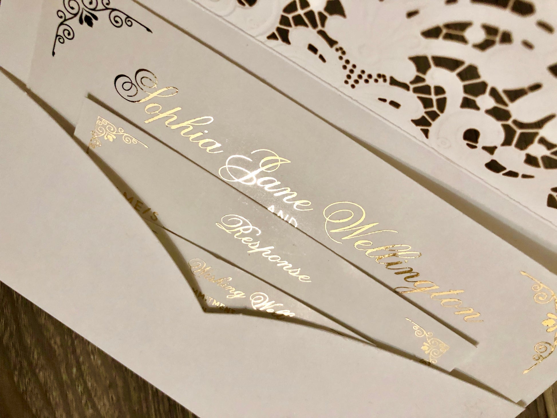 Gold Foil Lace Pocket Laser Cut Wedding Invitation - Glitzy Prints