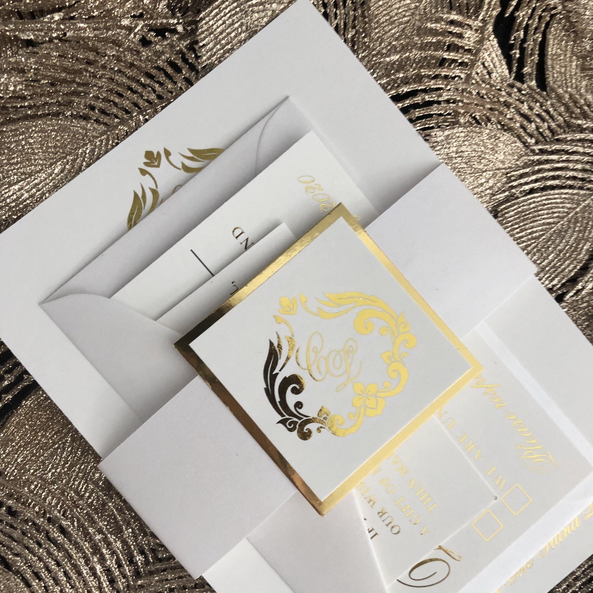 Gold Foil Monogram Crest Invitation - Glitzy Prints