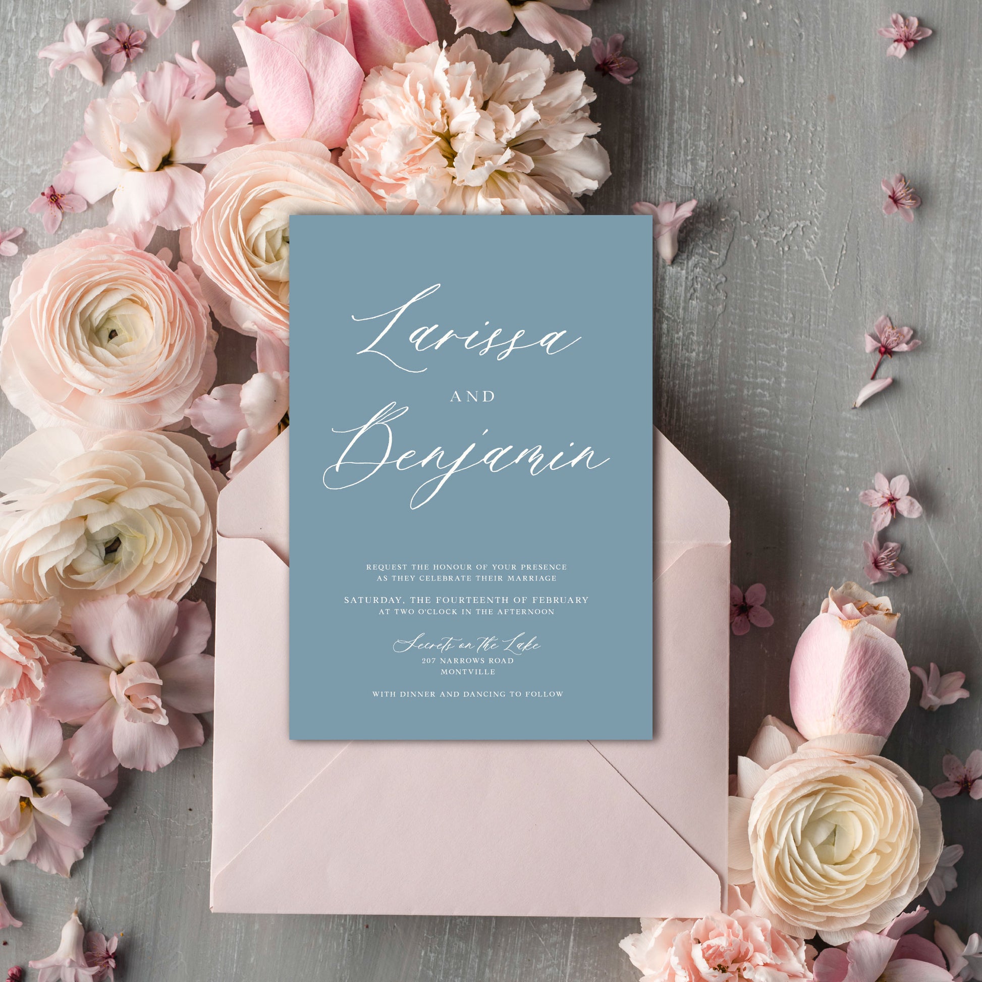 "Larissa" Dusty Blue Wedding Invitation Suite - Glitzy Prints
