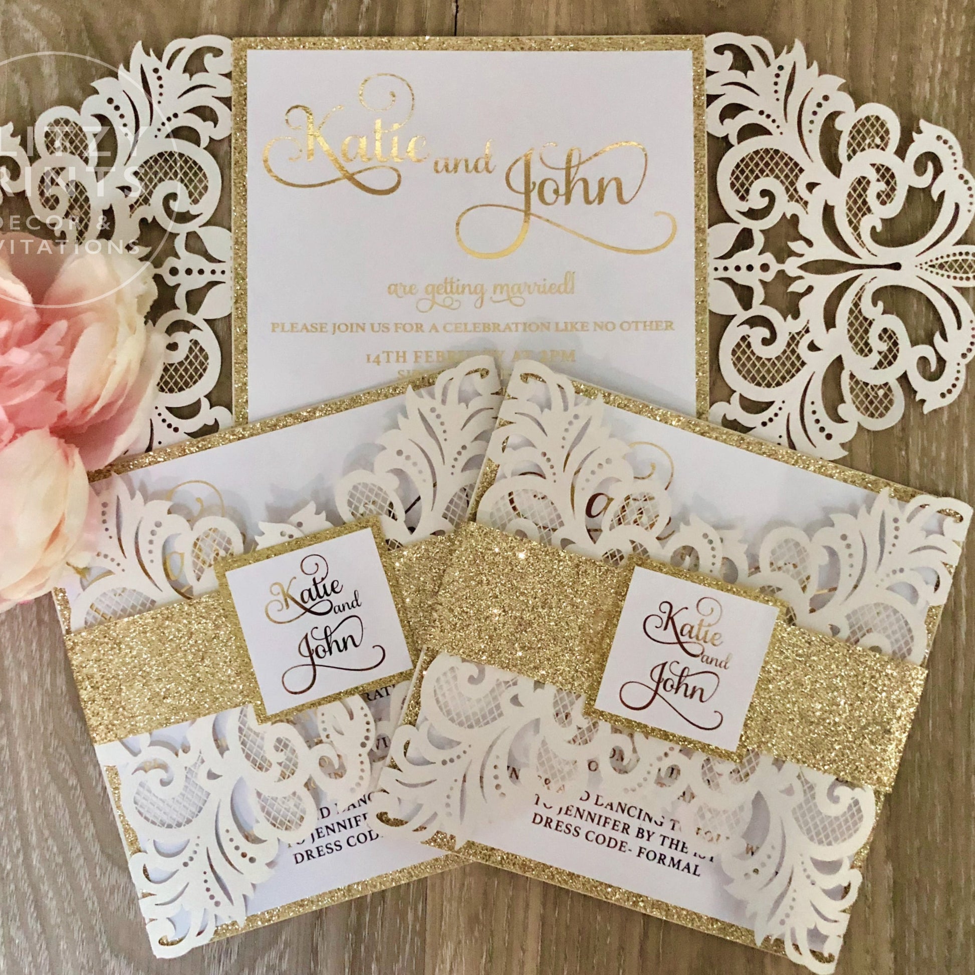 Glitter Gold Foil Laser Cut Wedding Invitation - Glitzy Prints