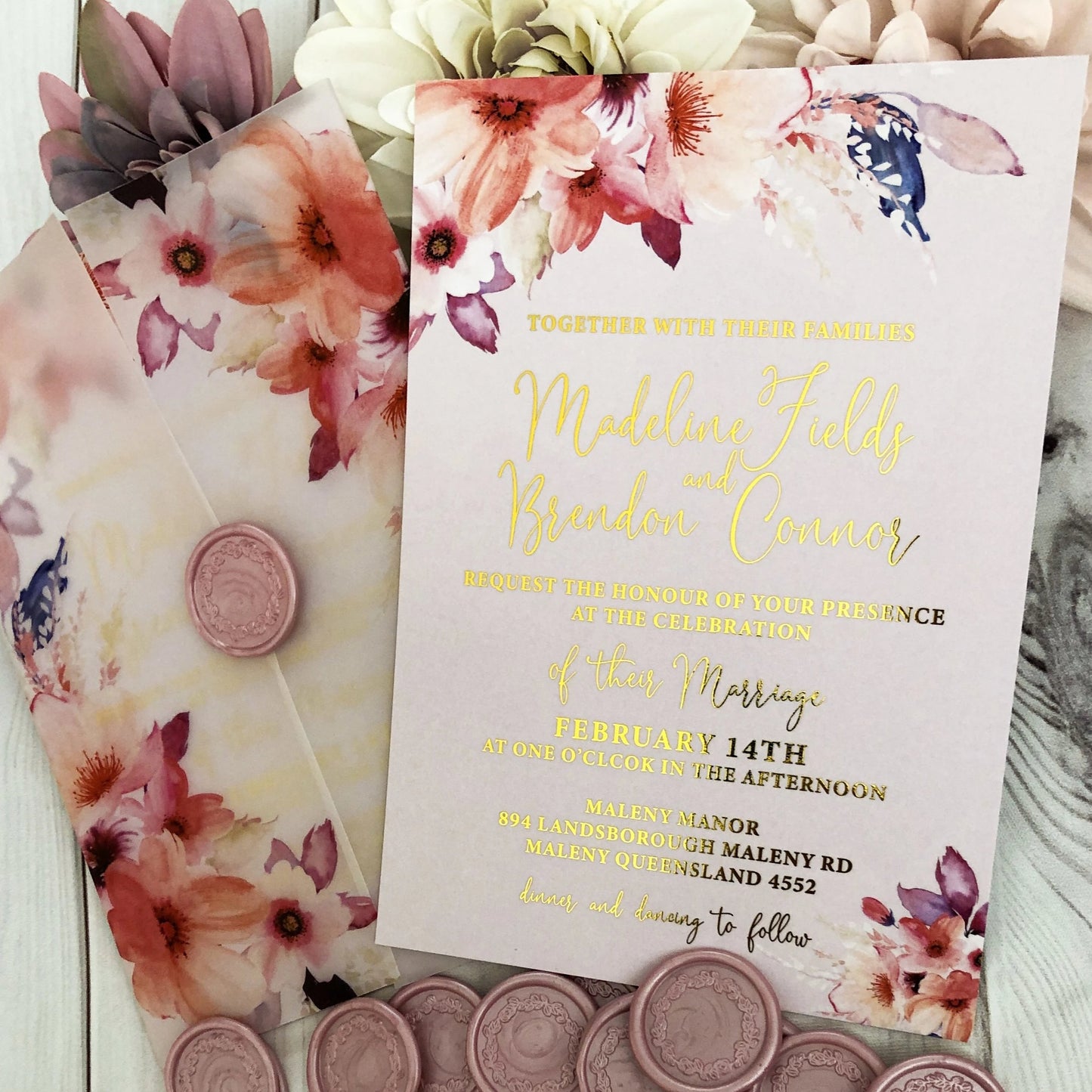Madeline Vellum Wax Seal Gold Foil Blush Pink Invitation - Glitzy Prints