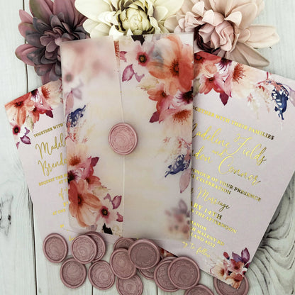 Madeline Vellum Wax Seal Gold Foil Blush Pink Invitation - Glitzy Prints