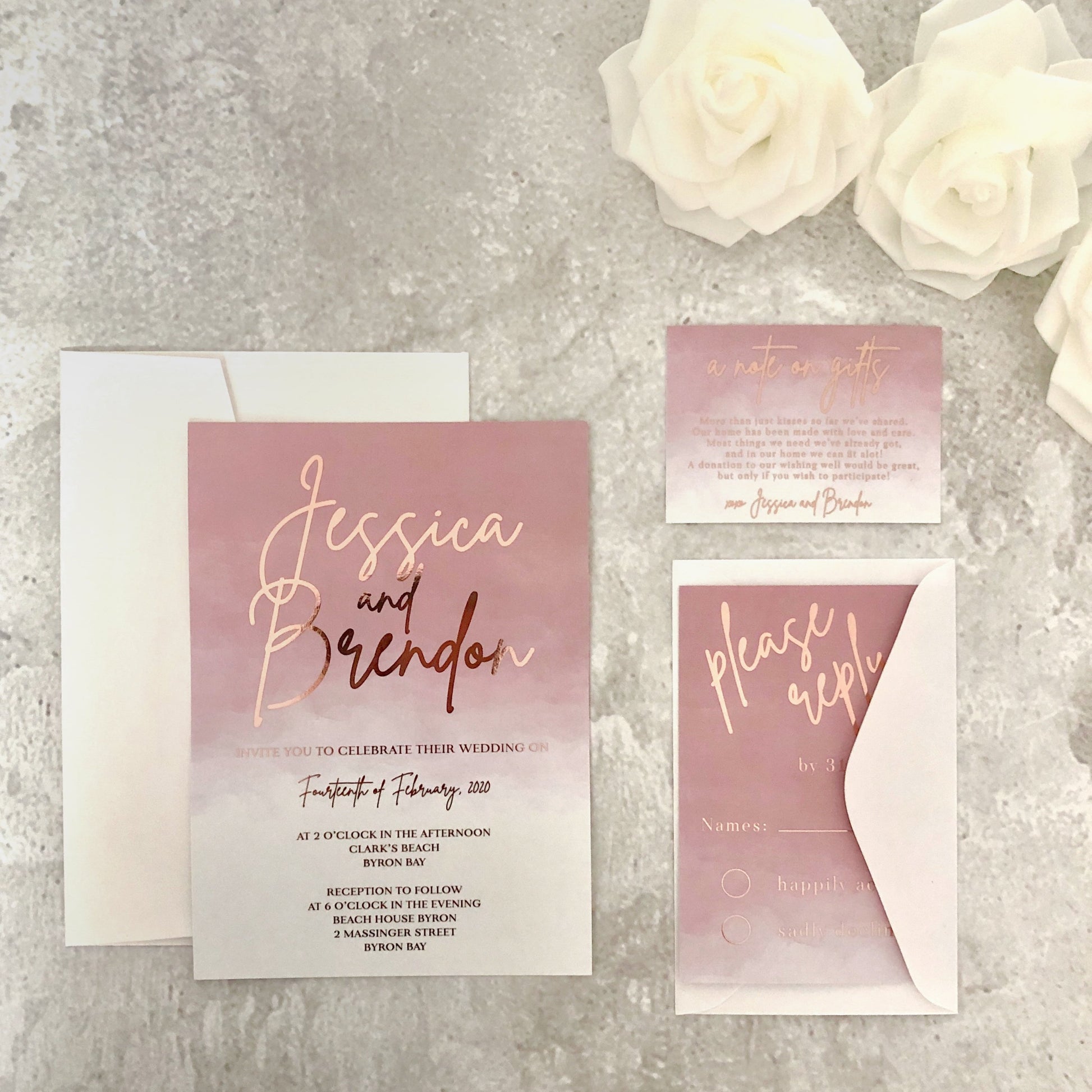 Gold Foil Wedding Invitation in Dusty Pink Watercolour - Glitzy Prints