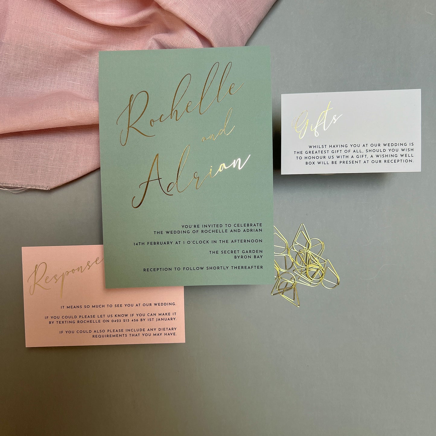 "Rochelle" Sage Green and  Gold Foil Wedding Invitation Suite - Glitzy Prints
