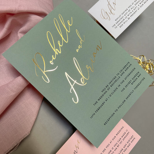 "Rochelle" Sage Green and  Gold Foil Wedding Invitation Suite - Glitzy Prints