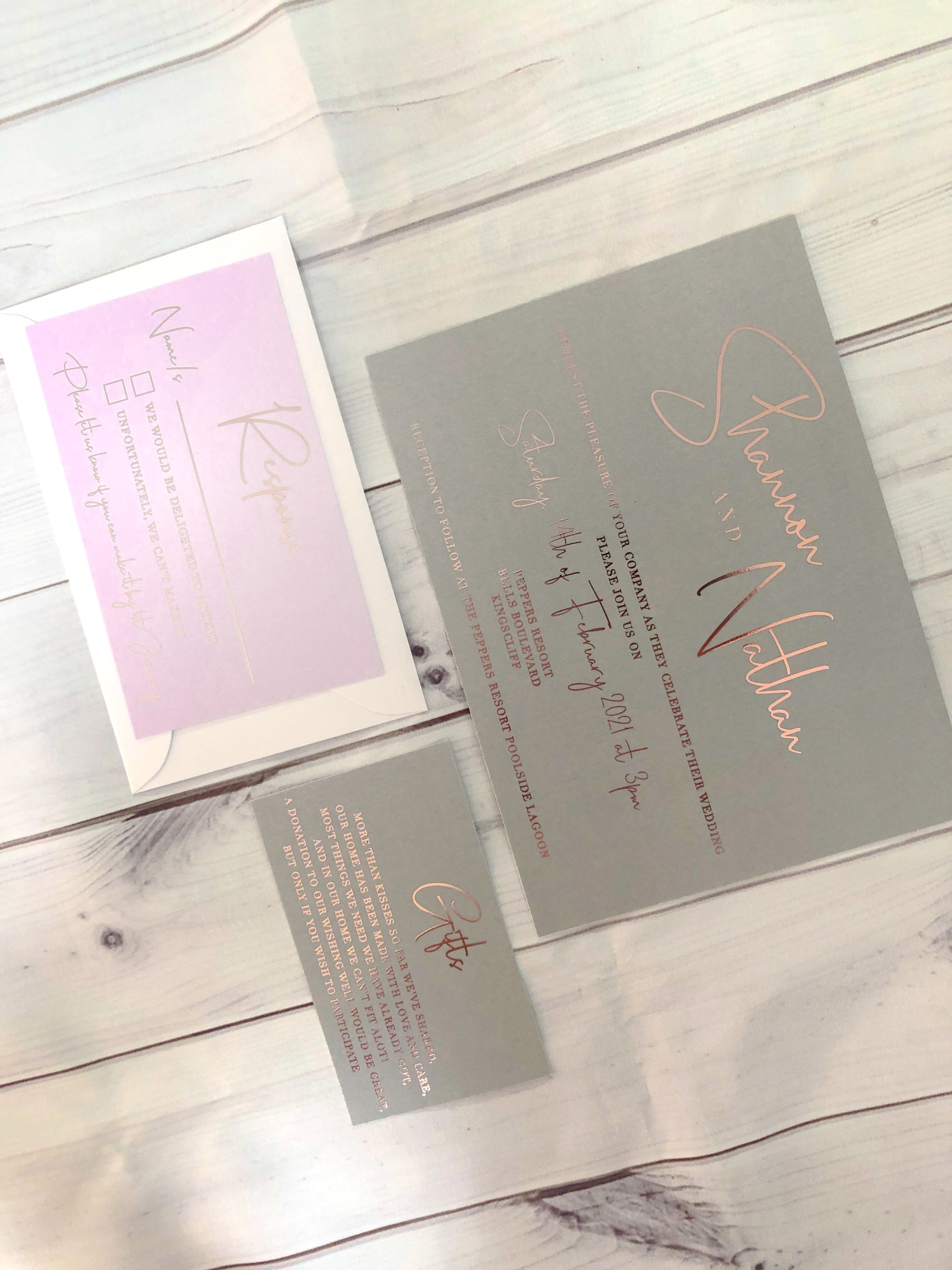 "Shannon" Grey and Pink Foil Wedding Invitation Suite - Glitzy Prints