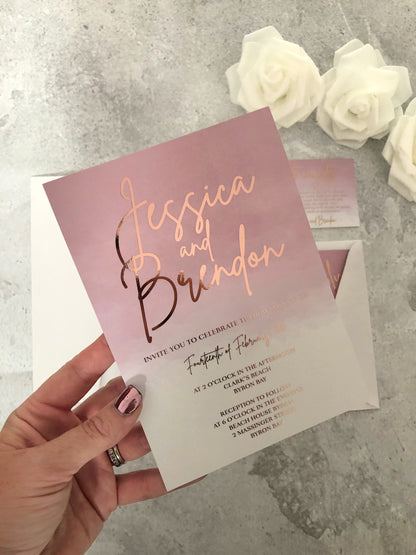 Rose Gold Foil Wedding Invitation in Dusty Pink Watercolour