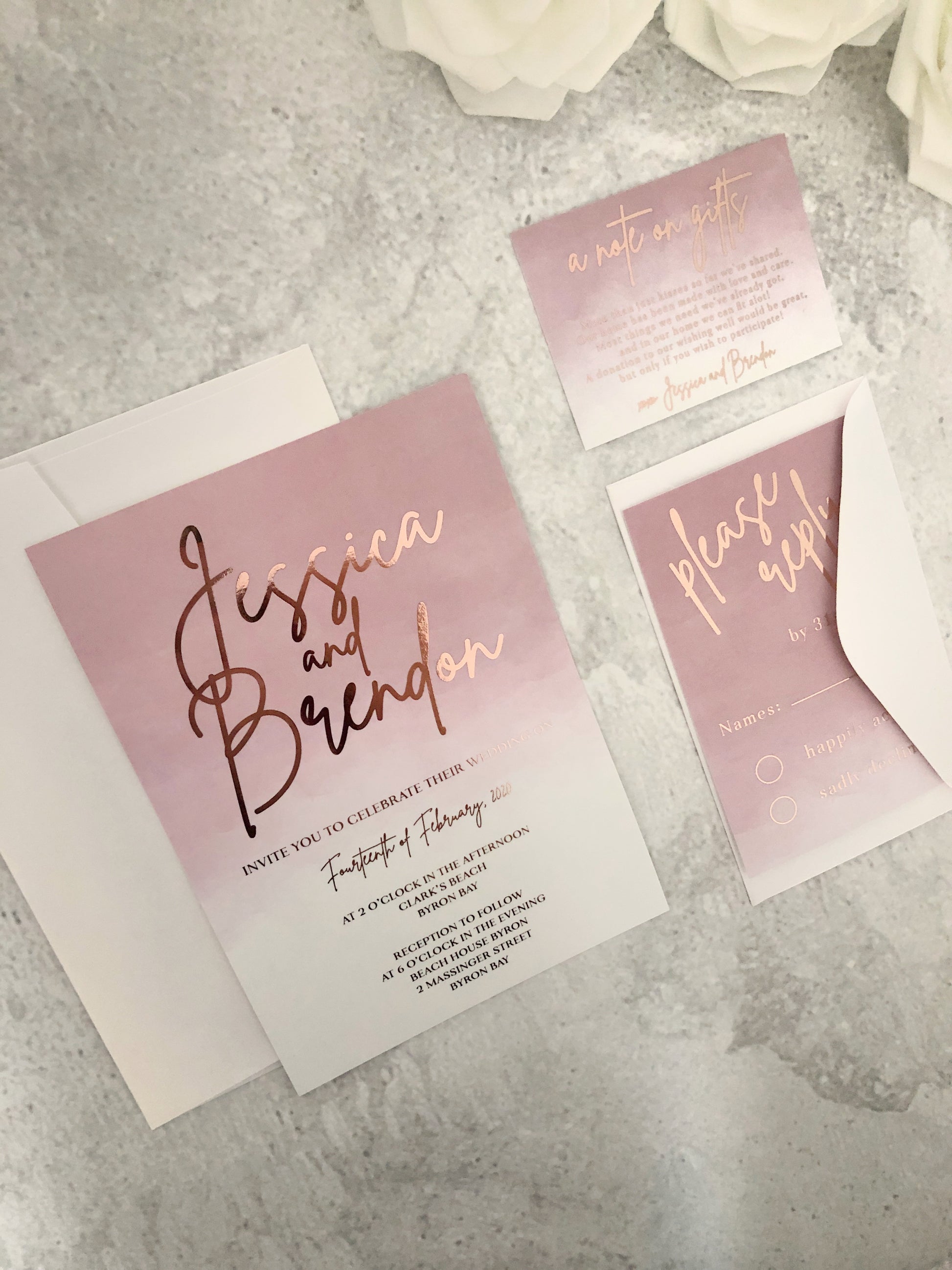 Gold Foil Wedding Invitation in Dusty Pink Watercolour - Glitzy Prints