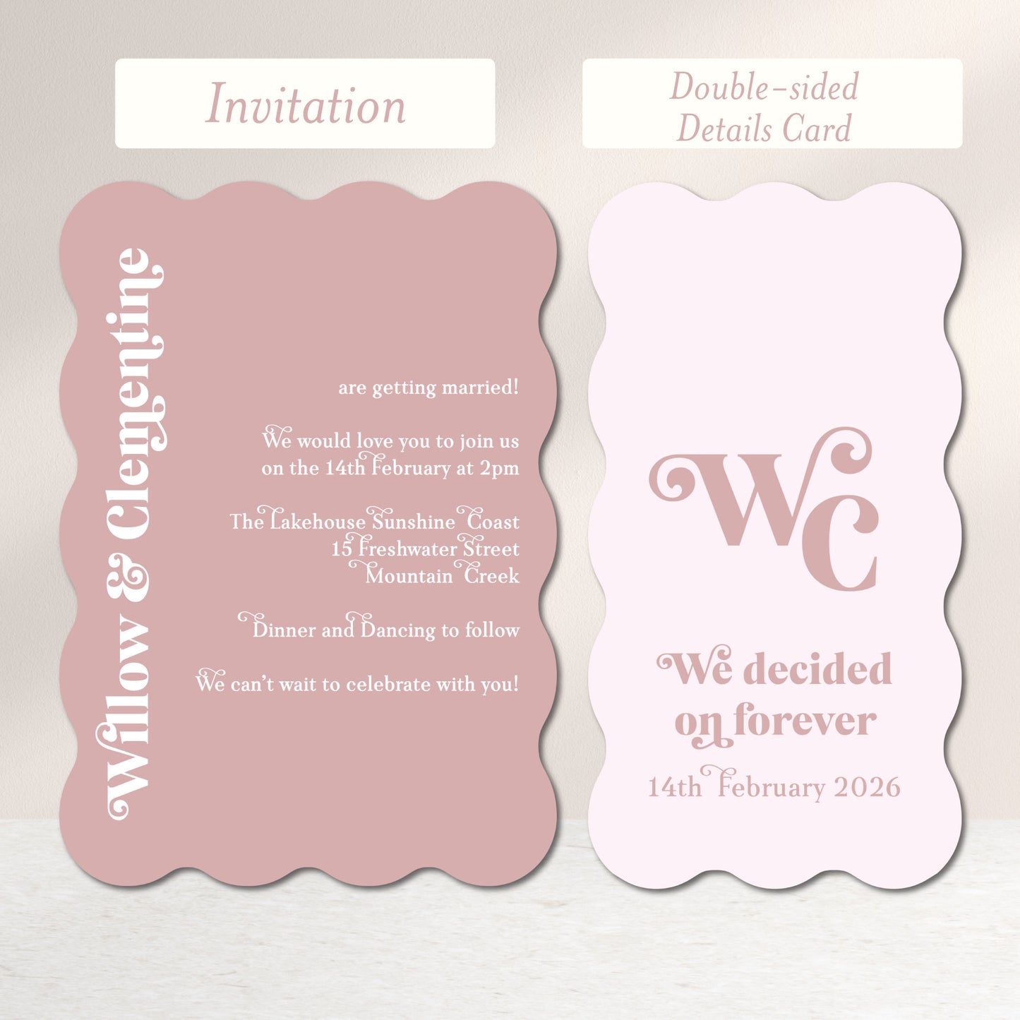 Willow Wave Shape Layered Invitation Set - Invite and Details Card in Dusty Pink and Nude