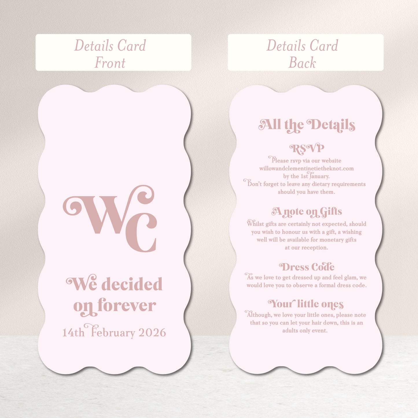 Willow Wave Shape Layered Invitation Set - Invite and Details Card in Dusty Pink and Nude