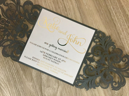 Gold Foil Wedding Invitation with Black Laser Cut Envelope - Glitzy Prints