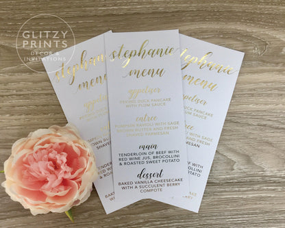 Wedding Menu Place Cards in Real Gold Foil - Glitzy Prints