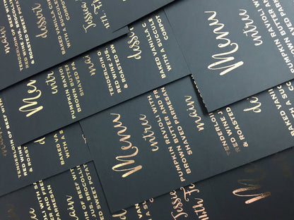 Black and Gold Wedding Menu Cards - Glitzy Prints